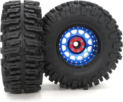 Vista 5 de HOBBYSOUL Llantas RC 2.2 Mud Slingers de 4.882 in y 2.2 Ruedas Beadlock ajustables, 4 llantas de compensación, negro y azul para RC Mud Crawler
