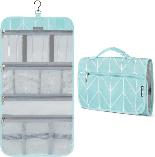 Vista 11 de PAVILIA - Neceser colgante para mujer y hombre, kit de viaje plegable organizador de artículos de tocador, bolsa de cosméticos enrollable, estuche