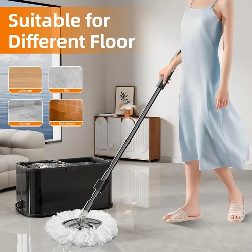 Vista 6 de Trapeador giratorio y cubo con escurridor para el hogar, trapeador de 360° y cubo con agua limpia y sucia separada, mopa de polvo húmedo