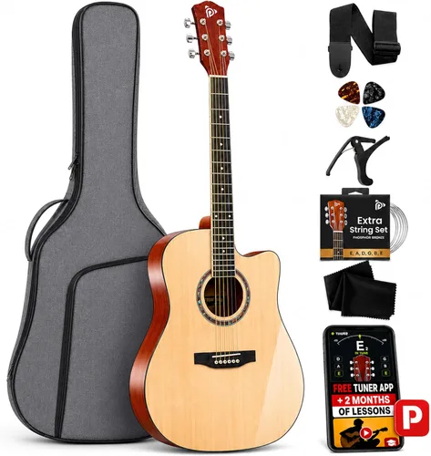 Vista 9 de Pyle Kit de guitarra acústica para principiantes, instrumento de madera de tamaño junior 3/4 con kit completo de accesorios, púas, correa