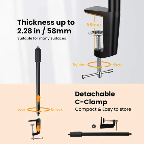 Vista 5 de TARION Soporte de luz de escritorio - Altura ajustable de 14 a 25 pulgadas - Monopod de mesa con abrazadera C resistente - Adaptador de tornillo