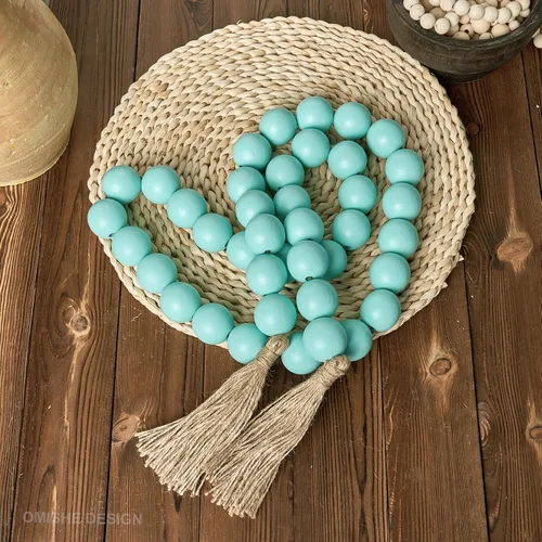 Vista 24 de OMISHE Guirnalda de cuentas de madera extra grande con cuentas de madera y borlas de 1.6 pulgadas de diámetro, cuentas decorativas rústicas de 41