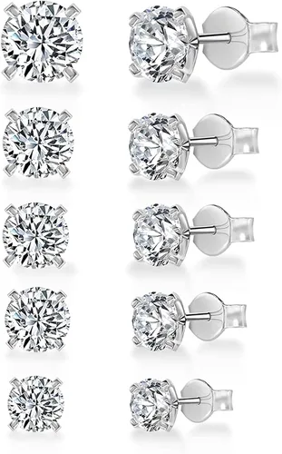 Vista 2 de Minkaa Daisy 5 pares de aretes tipo dormilona con circonita cúbica, no alérgicos de acero inoxidable 316L, para pieles sensibles, para mujeres
