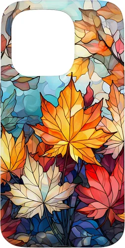 Vista 13 de iPhone 15 Otoño hojas de arce vitrales estilo abstracto caso