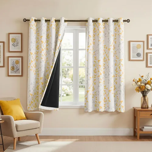 Vista 17 de Cortinas opacas 95% azules de 63 pulgadas de largo para dormitorio, cortina de oscurecimiento de habitación con patrón de hojas para habitación