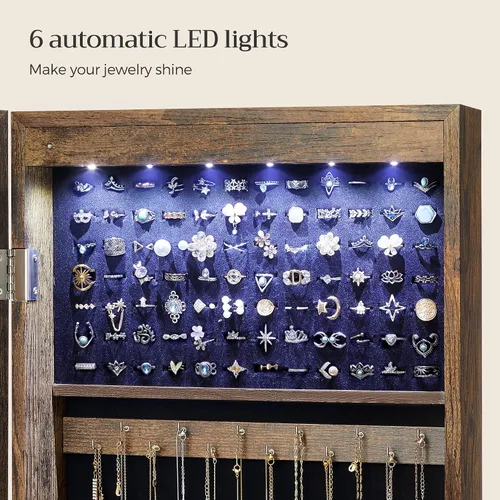 Vista 4 de SONGMICS - Gabinete organizador de joyas con 6 luces LED, para montar en la pared o en la puerta, de 47.3pulgadas de alto, con espejo y 2 cajones