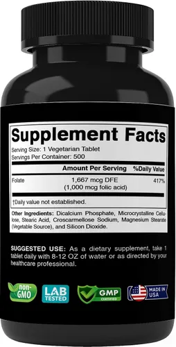 Vista 5 de Vitabod Ácido fólico 1 mg (1000 mcg) (vitamina B9) - 500 tabletas vegetarianas - una vitamina prenatal y posnatal esencial