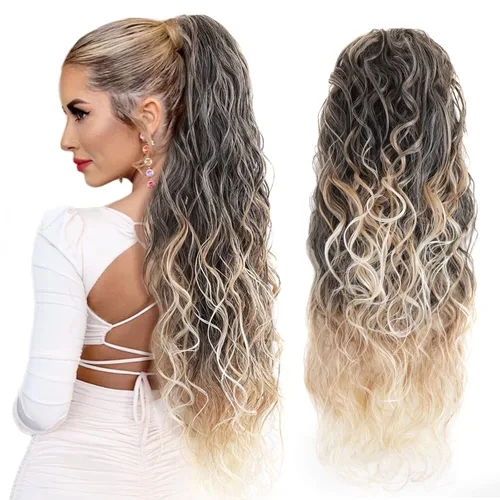 Vista 10 de Extensión de cola de caballo larga con cordón sintético de 26 pulgadas, moño rizado 4# Clip en extensión de pelo para mujer