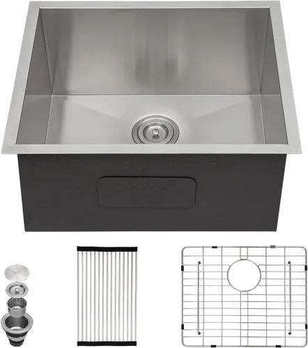 Vista 22 de Sarlai Gold Fregadero de Cocina Empotrado - Fregadero de Cocina de 28 Pulgadas Empotrado de Acero Inoxidable Dorado Tazón Individual de 28" x 19