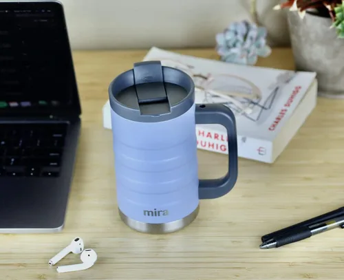 Vista 5 de MIRA Taza de café aislada de 14 onzas con asa, termo de acero inoxidable con tapa segura, taza para bebidas calientes y frías, azul almirante