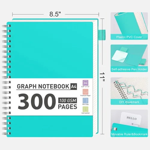 Vista 4 de AHGXG Cuaderno de papel gráfico, 300 páginas, cuaderno espiral de 8.5" x 11", cuaderno de papel de cuadrícula grande A4, papel grueso de 100 gsm