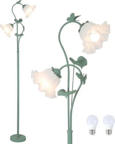 Vista 12 de HMVPL Lámpara de pie dorada para sala de estar, lámpara de pie de flor con 2 bombillas LED de 5 W, interruptor de pie, lámpara alta floral