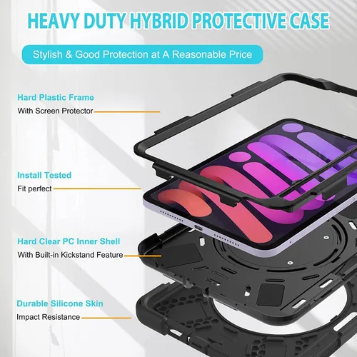 Vista 8 de Funda infantil para iPad mini 7 (A17 Pro) 2024/Mini 6 8.3 pulgadas Funda resistente a prueba de golpes con correa de mano, correa de hombro, Negro