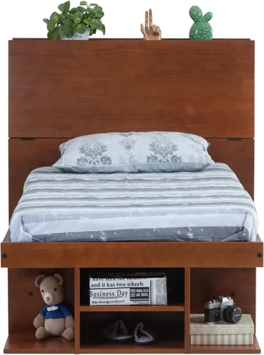 Vista 3 de Memomad Bali Set: Plataforma de almacenamiento con cajones + Cabecera con estantería (Tamaño individual, madera color marrón caramelo)
