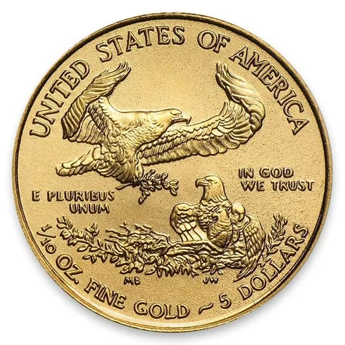 Vista 3 de Moneda de oro American Gold Eagle, de 1/10 oz, 1986 a la fecha (año aleatorio), sin circular, con certificado de autenticidad, $5
