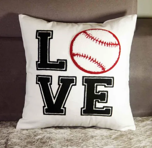 Vista 2 de Funda de almohada decorativa bordada, funda de almohada de béisbol de amor de 18 x 18 pulgadas, solo funda (amor de béisbol)