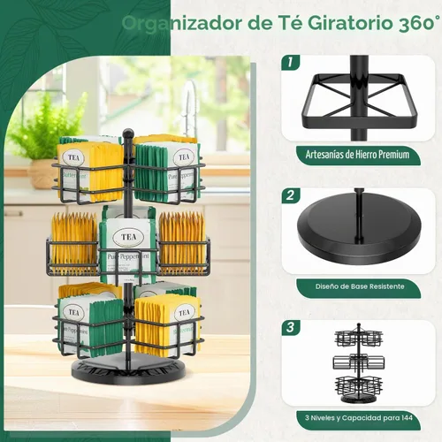 Vista 3 de EsLuker.ly Organizador de bolsas de té para mostrador, 3 niveles de metal Negro