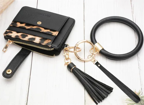 Vista 4 de COOLANS - Cartera con pulsera, llavero y borla para mujer, tarjetero de bolsillo para tarjetas de crédito, bolso pulsera
