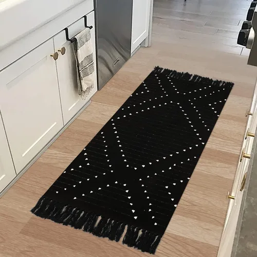 Vista 17 de LIVEBOX Alfombra de baño bohemia negra de 2x3 pies, alfombra de baño lavable, pequeñas alfombras tejidas de algodón, alfombra de área marroquí