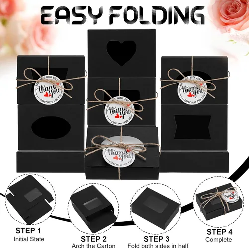 Vista 6 de Kosiz Paquete de 100 cajas de jabón Kraft con ventanas transparentes, 4 diseños de ventanas, kit de recuerdos de fiesta con etiquetas y cuerda, Negro