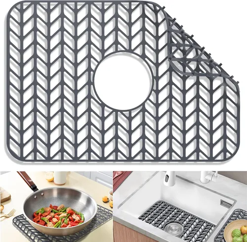 Vista 22 de Protectores de fregadero de cocina de 12 x 11 y 13 x 11 pulgadas, protectores de silicona para fregadero de cocina para la parte inferior del Gris