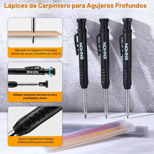 Vista 4 de 3 lápices de carpintero con soporte retráctil, 36 recambios y sacapuntas