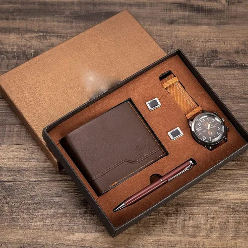 Vista 2 de ZLXDP - Juego de regalo para hombre con bonito paquete de reloj + gemelos tipo cartera, juego de combinación creativa para mujeres y parejas