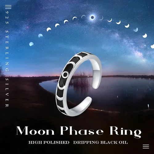 Vista 6 de CUOKA MIRACLE Anillo de luna lunar para mujer, anillo de fase lunar de plata de ley 925, anillo vintage abierto ajustable, anillo de declaración