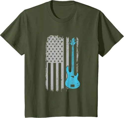 Vista 33 de Electric Bass Guitar Player American Flag Musician T-Shirt Asphalt Grey