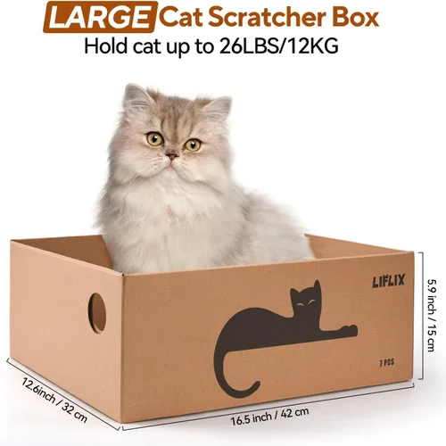Vista 3 de LIFLIX 7 almohadillas de rascador reversibles para gatos con caja, 16.5 pulgadas de largo x 12.6 pulgadas de ancho x 5.9 pulgadas de alto, rascador