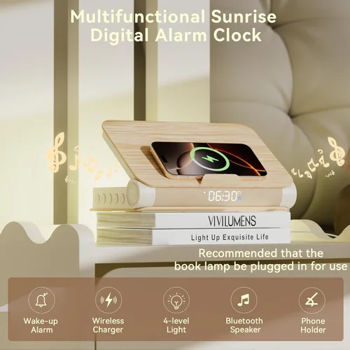 Vista 2 de Vivilumens Relojes Despertadores de Libro Cargador Inalámbrico Altavoz Bluetooth Lámpara de Amanecer Fuerte para Personas con Sueño Pesado Adultos