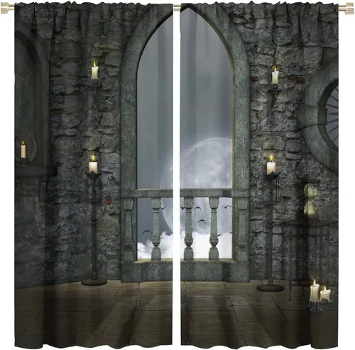 Vista 13 de Cortinas góticas con diseño de luna de Halloween, historia, puerta espeluznante, fondo de terror, vela, ficción, patrón de impresión, sala de estar