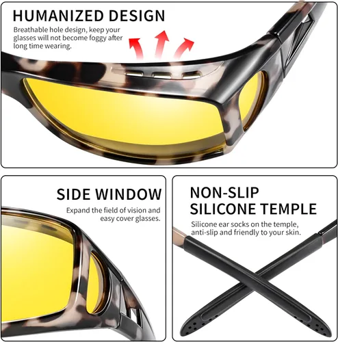 Vista 19 de Night Vision Driving Glasses for Men & Women - Polarized Anti Glare Fit Overs with Wrap-Around HD Yellow Lens