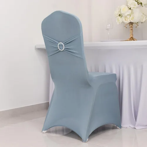 Vista 47 de Efavormart - Funda para silla de banquete de elastano beige con banda de hebilla de diamantes de imitación plateados, funda elástica para silla