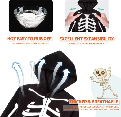 Vista 4 de Disfraz de esqueleto de Halloween que brilla en la oscuridad overol familiar con patrón de calavera