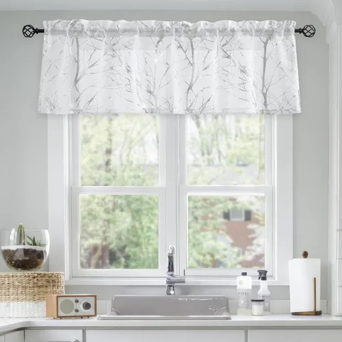 Vista 8 de FMFUNCTEX Cortinas de cenefa de ventana con estampado de ramas de árbol negro, cenefa corta semitransparente blanca para cocina, baño, bolsillo