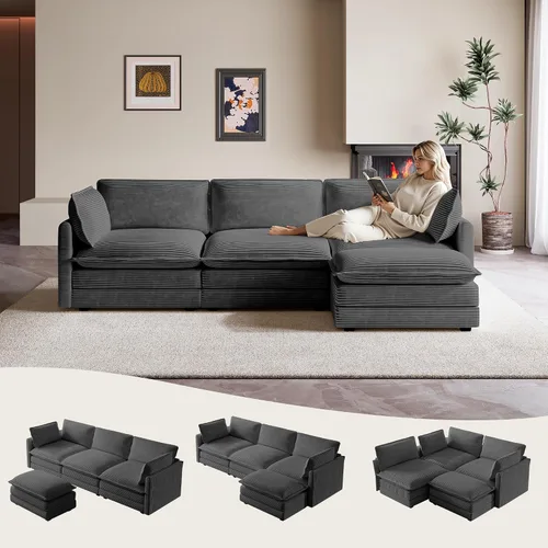 Vista 34 de ROWHY Sillón individual con otomano, sofá moderno de corduroy en forma de nube con chaise convertible, sofá tapizado para sala de estar, beige