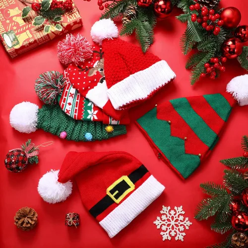 Vista 7 de Juego de 6 gorros de punto de Navidad de Papá Noel rojo y verde para fiestas, adultos, adolescentes, niños, gorro de Navidad, 12 x 8 pulgadas
