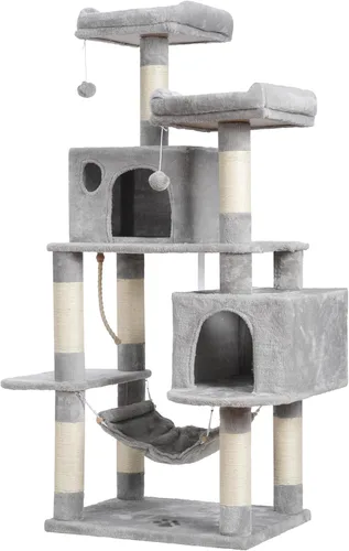 Vista 12 de Hey-brother - Mueble grande de casita de gato multinivel con postes rascadores cubiertos de sisal, 2 condominios de felpa más grandes, hamaca Beige