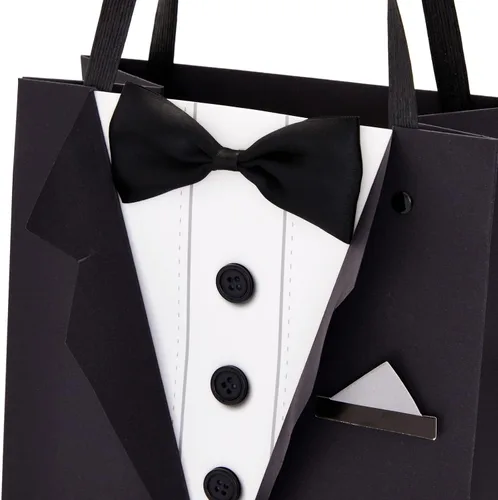 Vista 6 de Sparkle and Bash Bolsas de regalo para padrinos de boda con diseño de esmoquin 3D, pajarita de satén y botones reales, color negro, paquete de 6, 8