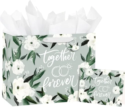 Vista 15 de Loveinside Bolsa de regalo de boda – Diseño de texto floral y siempre y para siempre con papel de seda, tarjeta de felicitación y etiqueta