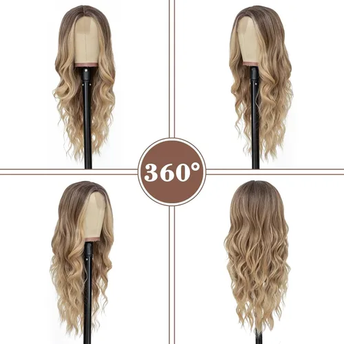 Vista 3 de NAYOO Peluca larga ondulada rubia ombré para mujer, de 26 pulgadas, parte media, rizada, ondulada, de aspecto natural, fibra sintética resistente al