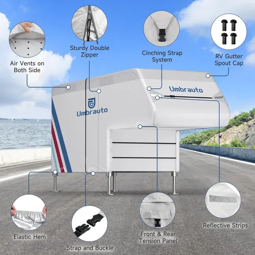 Vista 2 de Cubierta para camioneta camper para campers deslizables de 6–8 pies – Cubierta impermeable para RV Oxford 300D, con revestimiento plateado