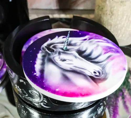 Vista 8 de Ebros Gift Romántico juego de posavasos de unicornio sagrado índigo con 4 posavasos de cerámica y diseño floral redondo con diseño de desplazamiento