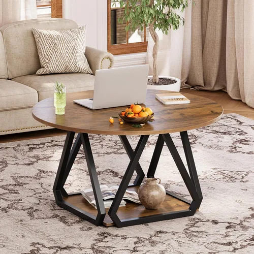 Vista 3 de Espelism - Mesa auxiliar redonda, 31.5 pulgadas, mesa central de 2 niveles con estante de almacenamiento Diseño moderno de madera rústica