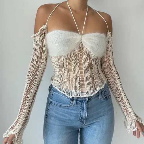 Vista 3 de Tops cortos de malla sexy para mujer, diseño de punto blanco, sin espalda, estilo grunge
