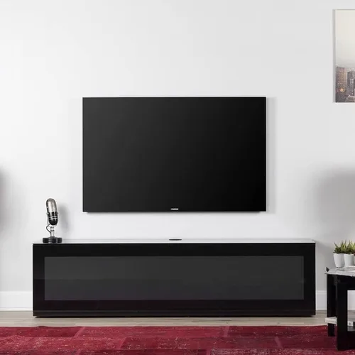 Vista 8 de SONOROUS ST-160 - Soporte de TV premium con cubierta de vidrio negro y madera blanca, centro de entretenimiento de lujo y consola multimedia
