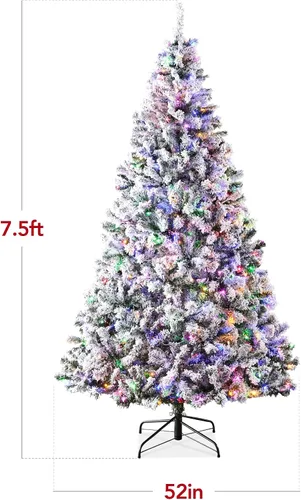 Vista 2 de Best Choice Products - Árbol de Navidad artificial preiluminado de 7.5 pies con nieve artificial, pino, 2-en-1 luces LED blancas y multicolor, Verde