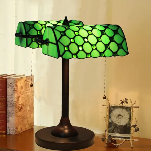 Vista 12 de Green Bankers - Lámpara de mesa vintage, luz de escritorio retro, lámpara de escritorio de oficina de vidrieras Tiffany, lámpara de cuentas