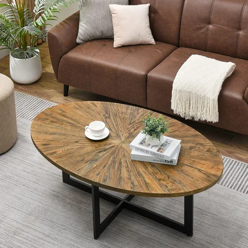 Vista 9 de Mesa auxiliar ovalada de madera con estante de almacenamiento, mesa de 2 niveles, negro y marrón Negro marrón-43.3 pulgadas
